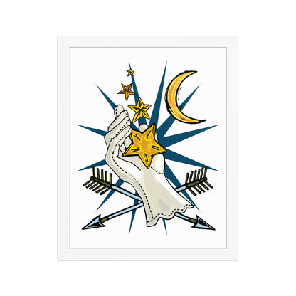 Lucky Stars Crescent Moon Framed Art Print | Appalachian Rococo Poster | Hand of Fate | Arrows | Celestial Art | Apartment Wall Decor | White Wood Frame | 11x14