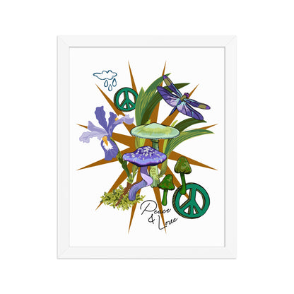 Mushroom Floral Peace Sign Framed Art Print | Appalachian Rococo Poster | Luck Charms | Peace & Love | Wild Iris | Apartment Wall Decor | White Wood Frame | 11x14