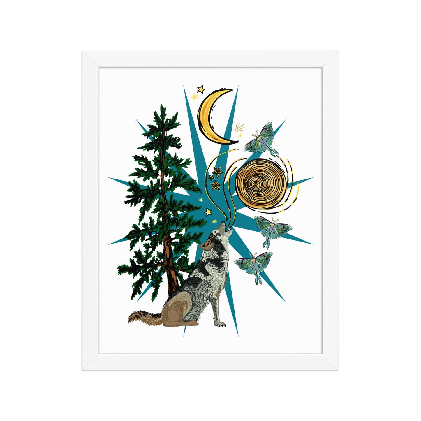 Wolf Moon Moth Framed Art Print | Appalachian Rococo Poster | Crescent Moon | Forest | Lucky Charms | Apartment Wall Decor White Framed poster | 11x14