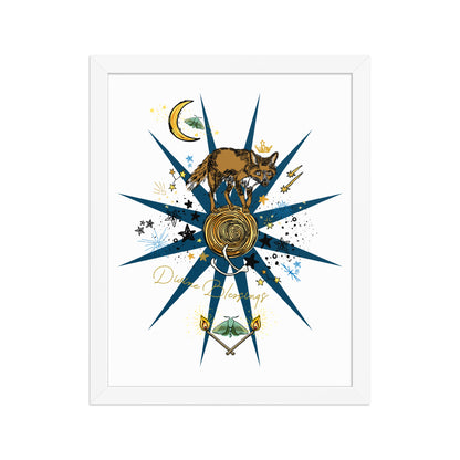 Celestial Fox Moon Framed Art Print | Appalachian Rococo Poster | Luck Charms | Divine Blessings | Stars | Moths | Apartment Wall Decor | White Wood Frame | 11x14