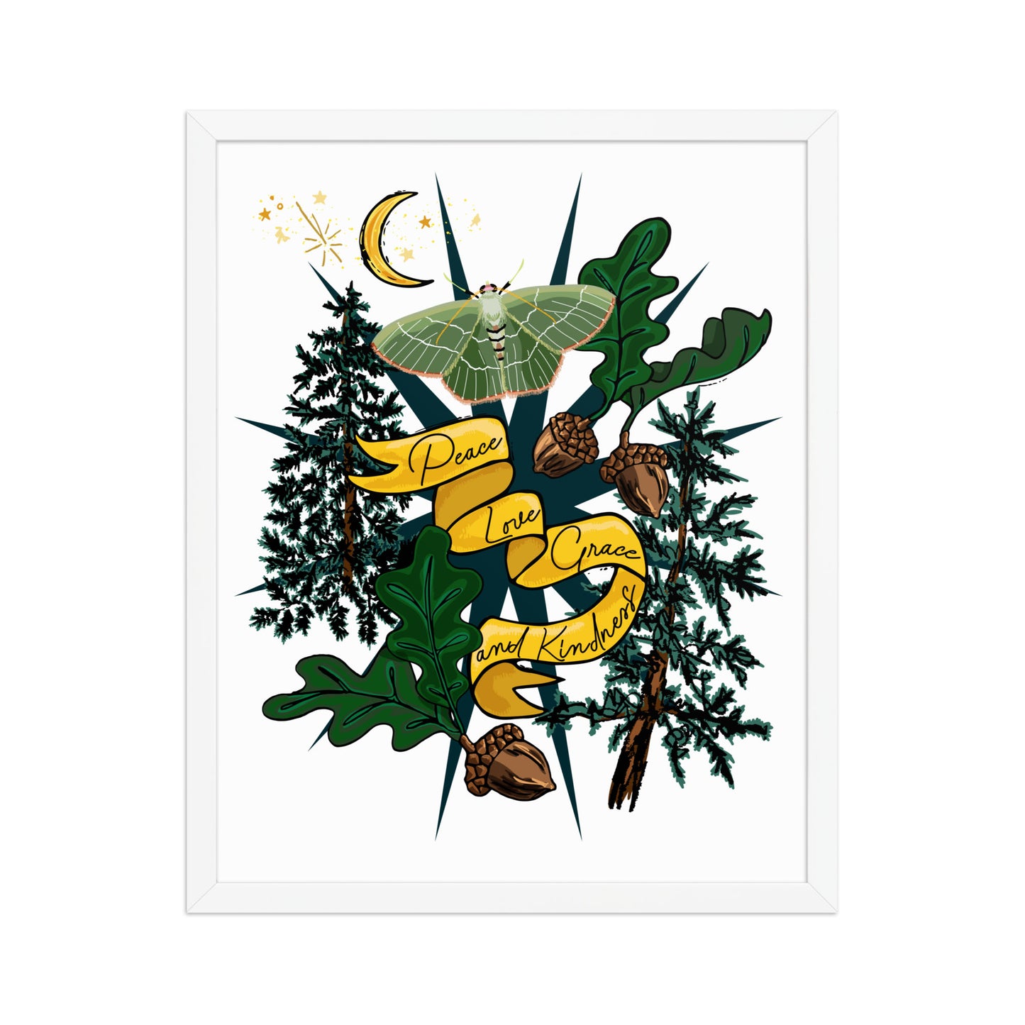 Forest Moth and Moon Framed Art Print | Appalachian Rococo Poster | Luck Charms | Peace & Love | Crescent Moon | Apartment Wall Decor | Natural Wood Frame | 16x20