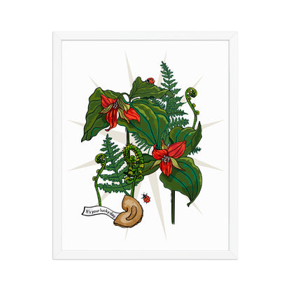 Flower Lucky Ladybug Framed Art Print | Appalachian Rococo Poster | Red Trillium | Fortune Cookie | Fern | Apartment Wall Decor | White Wood Frame | 16x20