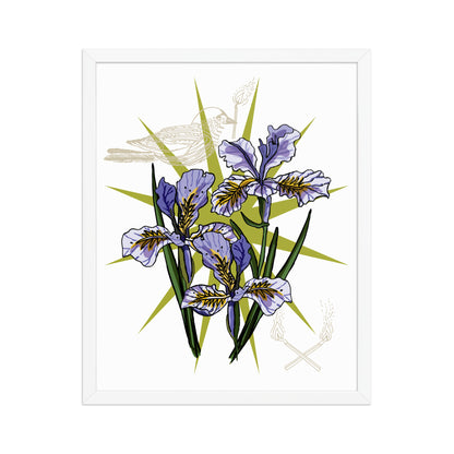 Iris Floral Bird Framed Art Print | Appalachian Rococo Poster | Flowers | Bird | Matches | Apartment Wall Decor | White Wood Frame | 16x20