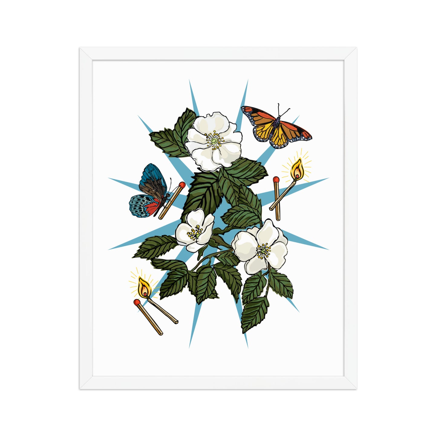 Floral Charm Framed Art Print | Appalachian Rococo Poster | White Roses | Butterflies | Matches | Apartment Wall Decor | Home Decor | White Wood Frame | 16x20