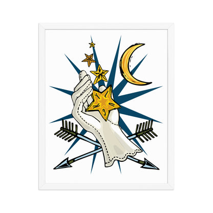 Lucky Stars Crescent Moon Framed Art Print | Appalachian Rococo Poster | Hand of Fate | Arrows | Celestial Art | Apartment Wall Decor | White Wood Frame | 16x20