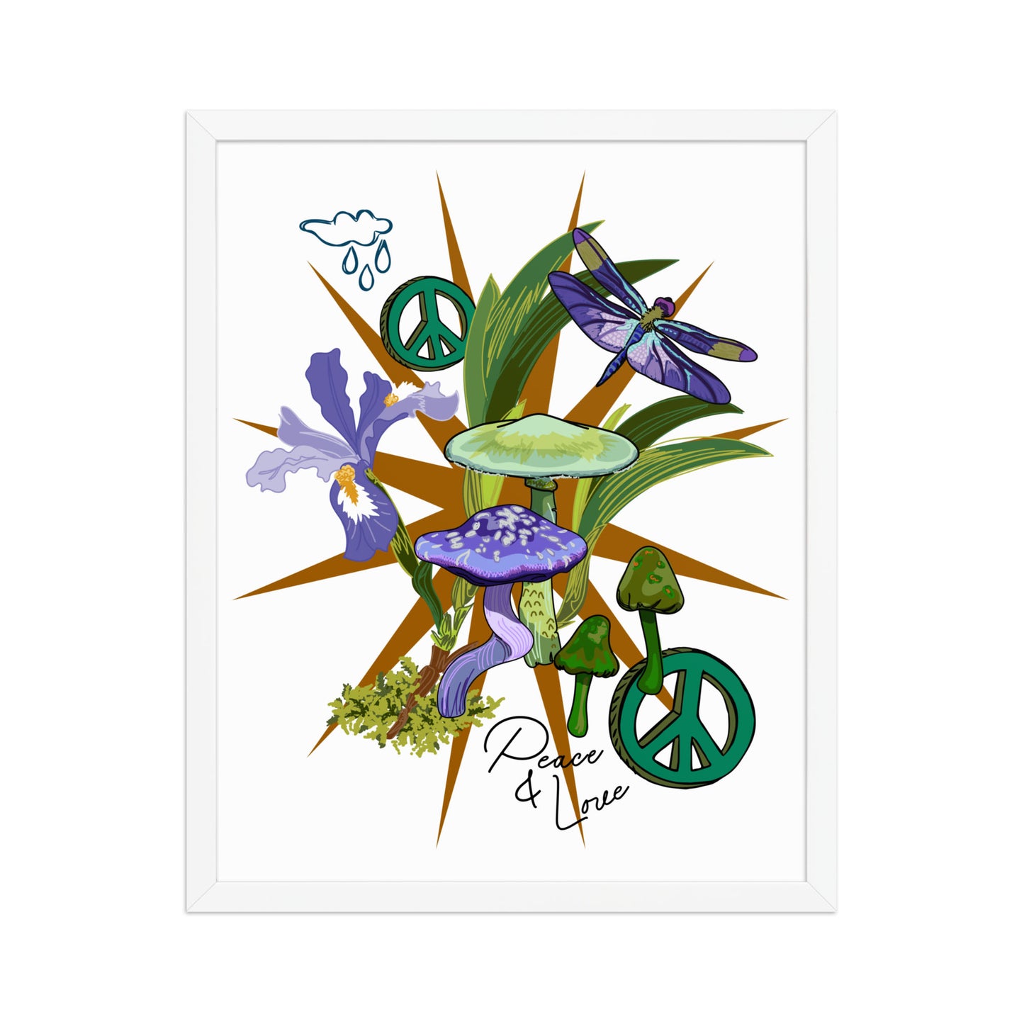 Mushroom Floral Peace Sign Framed Art Print | Appalachian Rococo Poster | Luck Charms | Peace & Love | Wild Iris | Apartment Wall Decor | White Wood Frame | 16x20