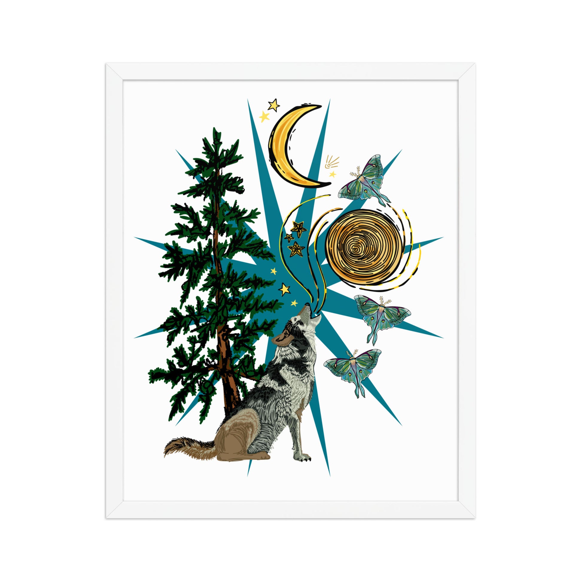 Wolf Moon Moth Framed Art Print | Appalachian Rococo Poster | Crescent Moon | Forest | Lucky Charms | Apartment Wall Decor White Framed poster | 16x20