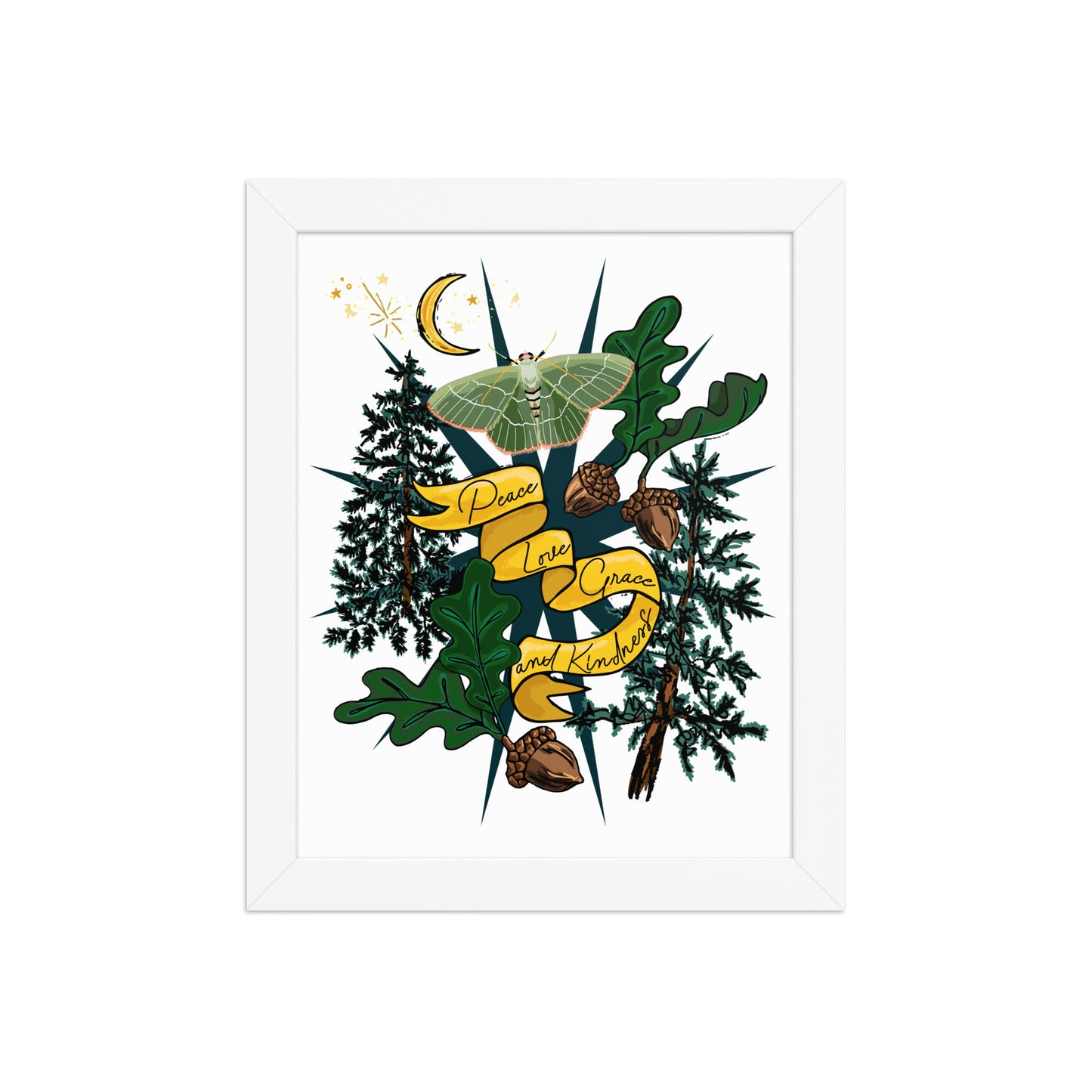 Forest Moth and Moon Framed Art Print | Appalachian Rococo Poster | Luck Charms | Peace & Love | Crescent Moon | Apartment Wall Decor | White Wood Frame | 8x10