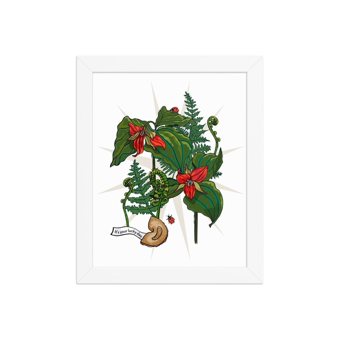 Flower Lucky Ladybug Framed Art Print | Appalachian Rococo Poster | Red Trillium | Fortune Cookie | Fern | Apartment Wall Decor | White Wood Frame | 8x10