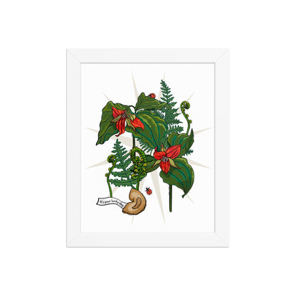 Flower Lucky Ladybug Framed Art Print | Appalachian Rococo Poster | Red Trillium | Fortune Cookie | Fern | Apartment Wall Decor | White Wood Frame | 8x10