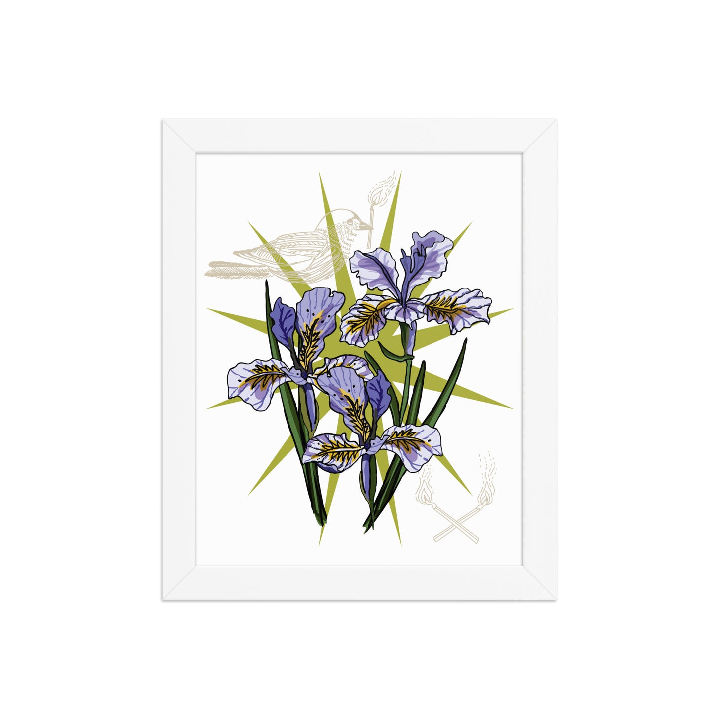 Iris Floral Bird Framed Art Print | Appalachian Rococo Poster | Flowers | Bird | Matches | Apartment Wall Decor | White Wood Frame | 8x10