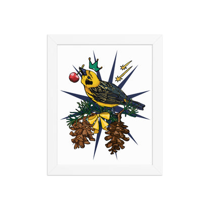 Gold Bird Framed Art Print | Appalachian Rococo Poster | Pine Tree | Golden Finch | Cherry | Apartment Wall Decor | Gallery Wall Home Decor | White Wood Frame | 8x10
