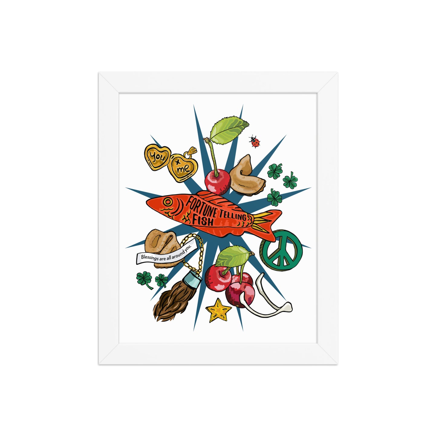 Lucky Charms Framed Art Print | Appalachian Rococo Poster | Cherries | Peace | Good Fortune | Apartment Wall Decor | Home Decor Gallery Wall | White Wood Frame | 8x10