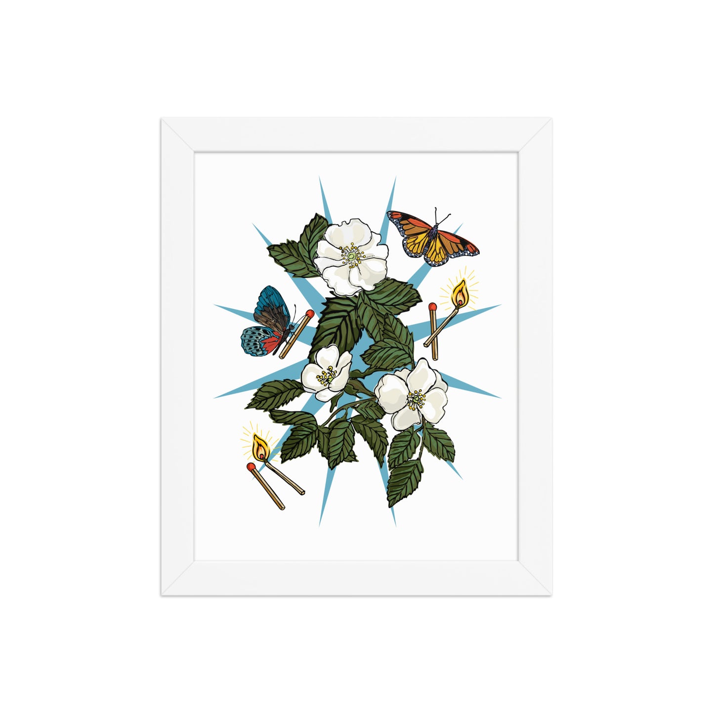 Floral Charm Framed Art Print | Appalachian Rococo Poster | White Roses | Butterflies | Matches | Apartment Wall Decor | Home Decor | White Wood Frame | 8x10