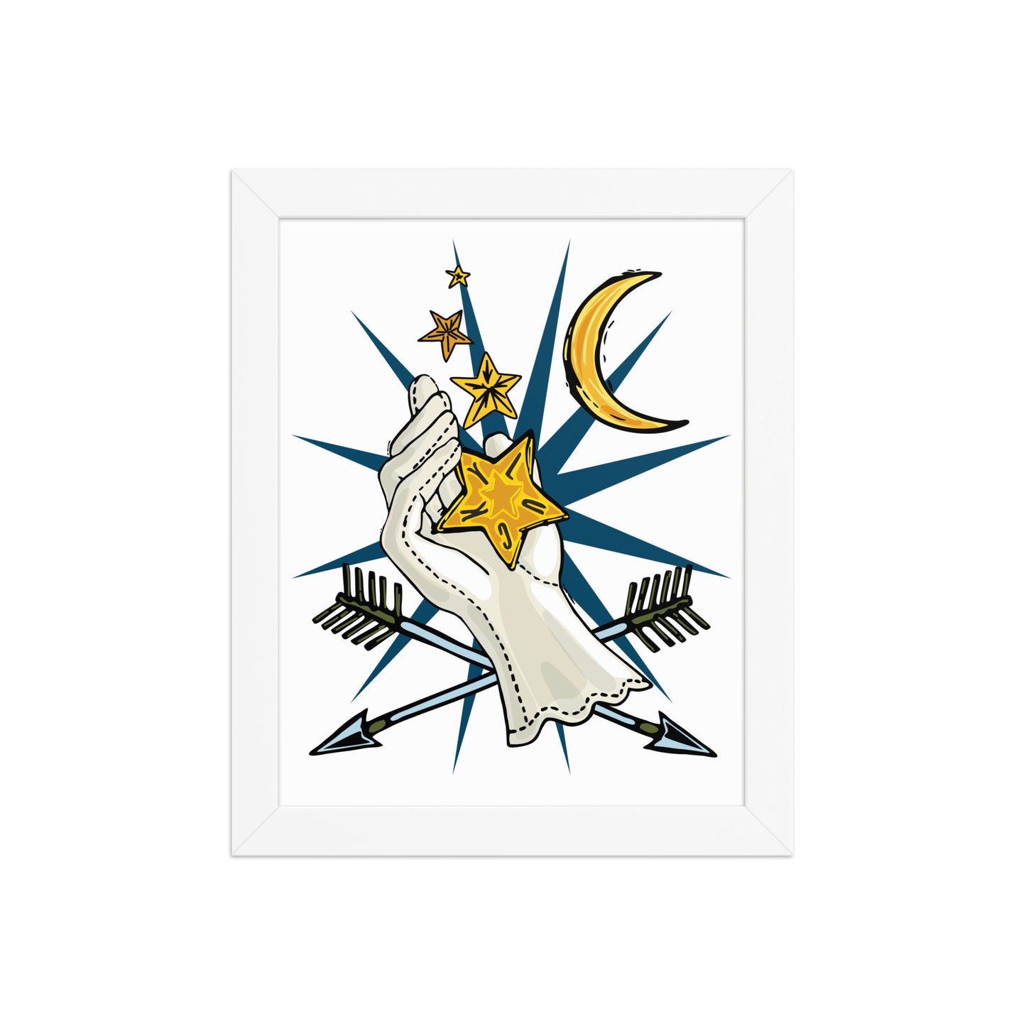Lucky Stars Crescent Moon Framed Art Print | Appalachian Rococo Poster | Hand of Fate | Arrows | Celestial Art | Apartment Wall Decor | White Wood Frame | 8x10
