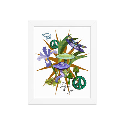 Mushroom Floral Peace Sign Framed Art Print | Appalachian Rococo Poster | Luck Charms | Peace & Love | Wild Iris | Apartment Wall Decor | White Wood Frame | 8x10