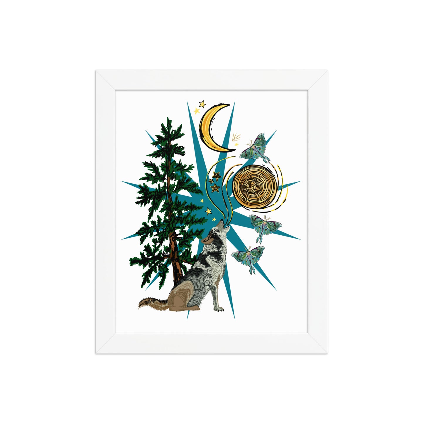 Wolf Moon Moth Framed Art Print | Appalachian Rococo Poster | Crescent Moon | Forest | Lucky Charms | Apartment Wall Decor White Framed poster | 8x10