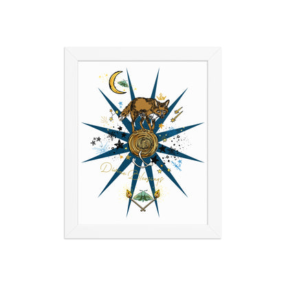 Celestial Fox Moon Framed Art Print | Appalachian Rococo Poster | Luck Charms | Divine Blessings | Stars | Moths | Apartment Wall Decor | White Wood Frame | 8x10