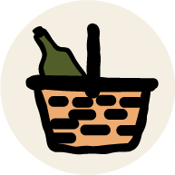 Illustration of picnic basket with a bottle of wine.