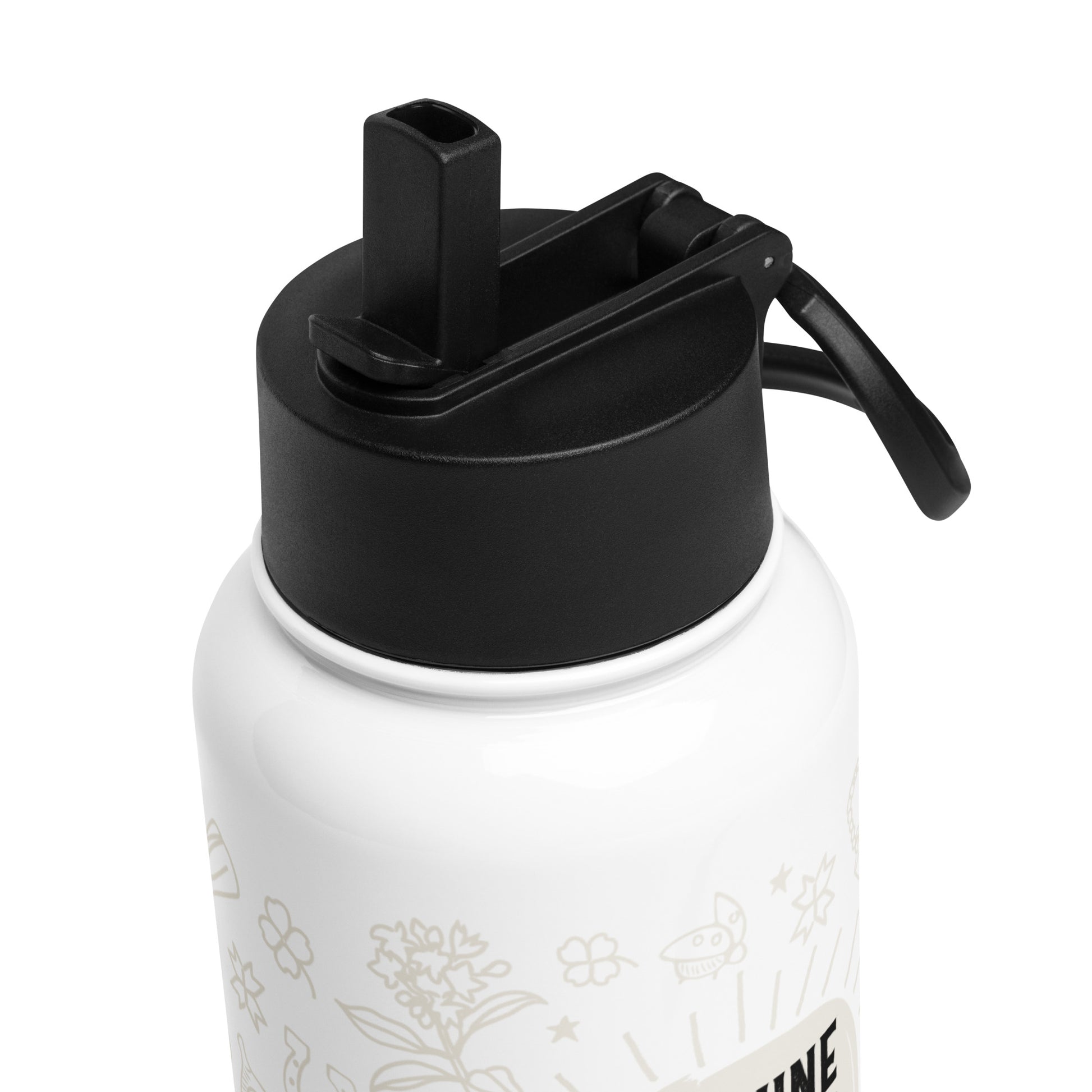 This is a close-up image of the black lid that shows the adjustable handle and the pop-up straw.